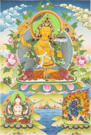 Manjushri Bodhisattva Original Handmade Buddhist Thangka | Flanked By Avalokiteshvara And Vajrapani